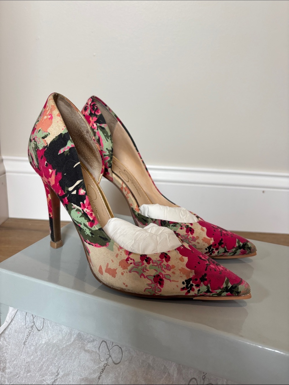 Floral Pointed-Toe High Heels - Pink/Green Floral